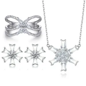 Jewelry set S925 sterling silver snowflake flower earrings star hexagram necklace zircon arranged bow ring