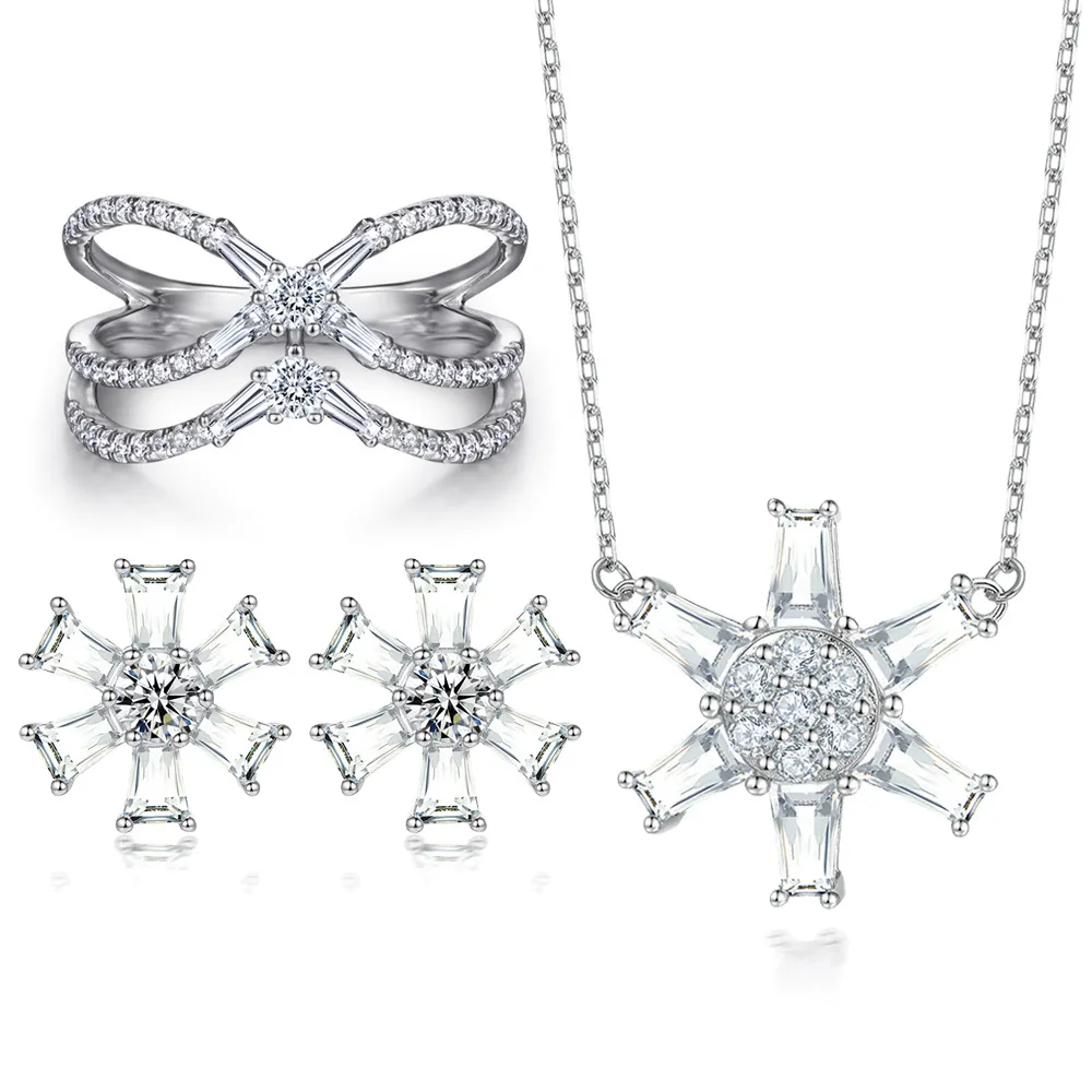 Jewelry set S925 sterling silver snowflake flower earrings star hexagram necklace zircon arranged bow ring