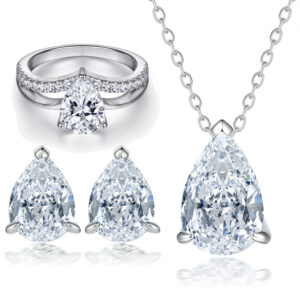 V-shaped crown ring pear shaped zircon earrings water droplet necklace 925 sterling silver jewelry set