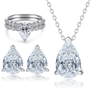 Patterned ring set women's zircon earrings pear shaped pendant necklace silver jewelry set
