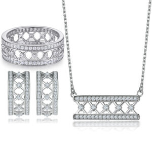 Hollowed out women's ring semi-circular zircon earrings necklace silver jewelry set