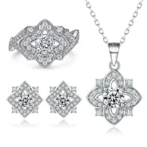 S925 sterling silver flower zircon ring star earrings clover necklace women's jewelry set