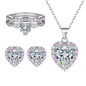 S925 sterling silver heart-shaped jewelry pink diamond ring combination set heart-shaped zircon earring necklace