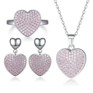 Pink Zircon Ring Heart Pendant Earrings Three Dimensional Love Necklace Women's S925 Silver Jewelry Set
