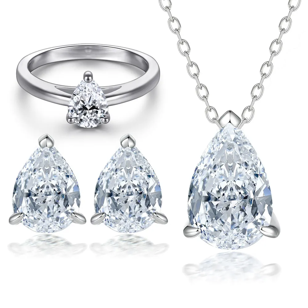 S925 sterling silver jewelry set teardrop shaped ring pear shaped zircon earrings women's necklace