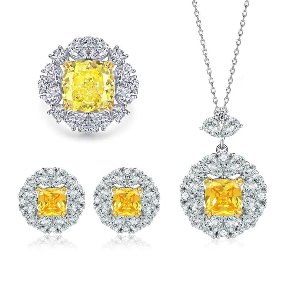 S925 sterling silver jewelry set daisy necklace high carbon diamond ring yellow zircon flower earrings