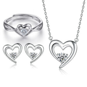 S925 pure silver hollowed out open ring heart-shaped earrings zircon necklace jewelry set
