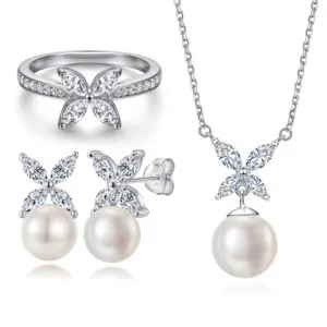 S925 sterling silver jewelry set butterfly ring natural pearl earrings clover pearl necklace