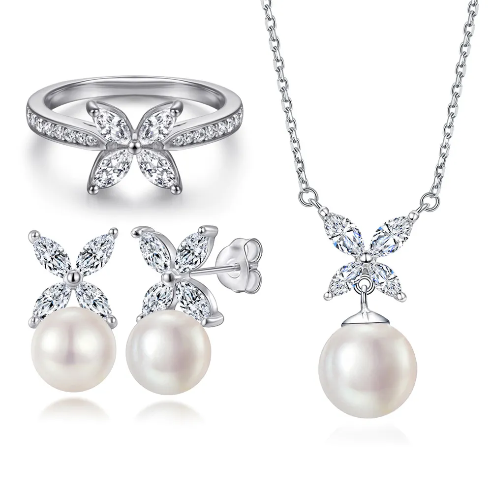 S925 sterling silver jewelry set butterfly ring natural pearl earrings clover pearl necklace