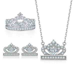 S925 sterling silver heart-shaped jewelry set fashion crown ring zircon earrings necklace