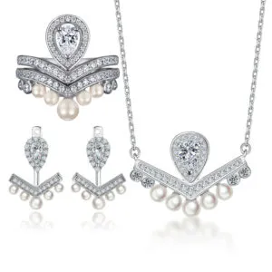 Pure silver jewelry set crown ring tassel pearl earrings light luxury V-shaped necklace