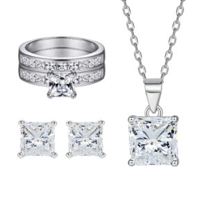 Jewelry Set S925 Silver Earnail Zirconia Stone Stacked Band Ring Set Square Necklace