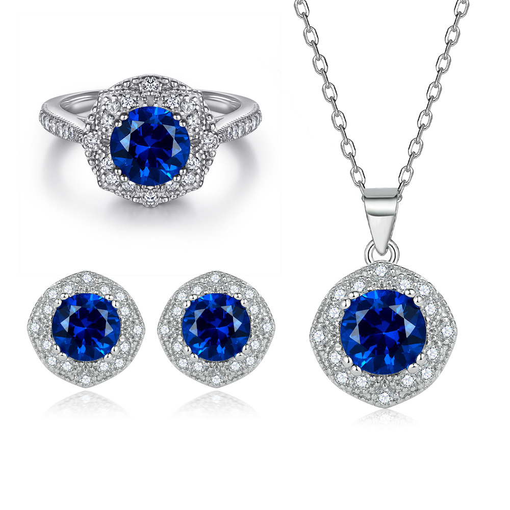 S925 silver sapphire ring blue zircon earrings necklace jewelry set