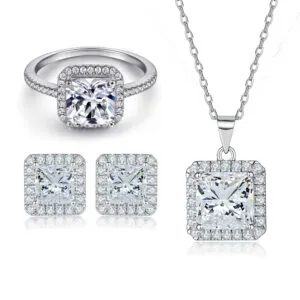 S925 sterling silver jewelry set square diamond zircon ring necklace earrings