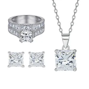Silver jewelry set ladder cubic zirconia square diamond ring ear nail necklace