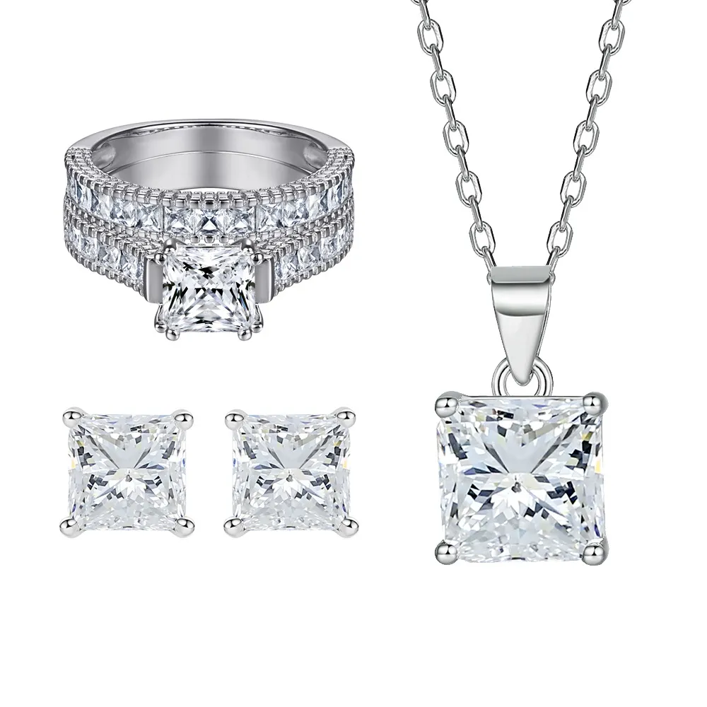 Silver jewelry set ladder cubic zirconia square diamond ring ear nail necklace