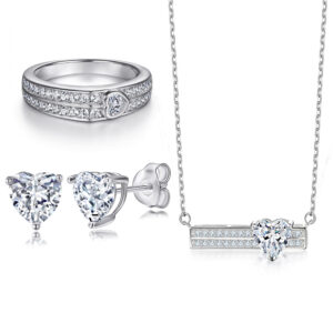 Double row diamond ring heart-shaped zircon earrings necklace S925 sterling silver jewelry set