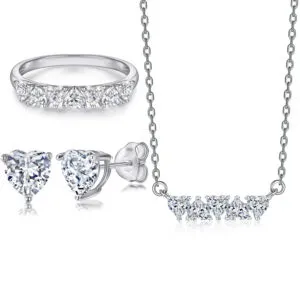 Sterling silver jewelry set heart shaped zircon stud earrings simple love ring 925 silver necklace