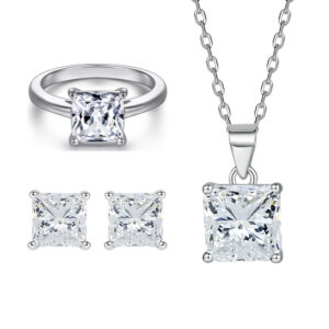 Jewelry set sterling silver stud earrings 2 carat diamond ring zircon square ring 925 silver necklace