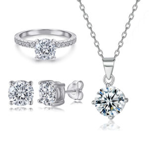 S925 sterling silver jewelry set four prongs imitation ring row diamond earrings zircon necklace