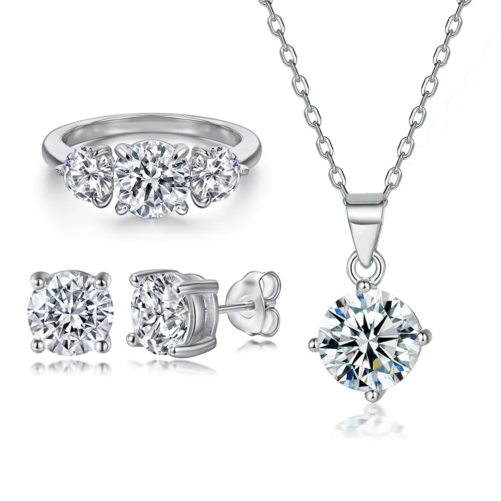 S925 sterling silver jewelry set zircon rings earrings four claws diamond necklace