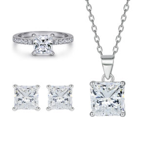 Sterling silver jewelry set S925 zircon ring square crystal pendant necklace