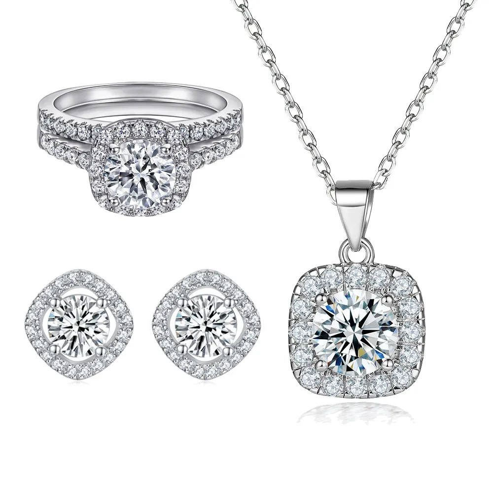 S925 sterling silver jewelry set row diamond zircon ring earrings fashion square necklace