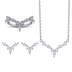 S925 silver jewelry jewelry set v-shaped crown ring zircon necklace clover earrings