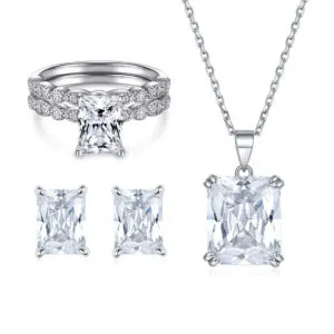Sterling Silver Square High Carbon Diamond Ring S925 Zircon Earrings Square Crystal Necklace Jewelry Set