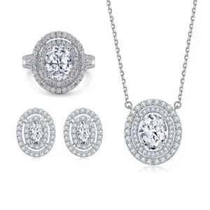 New Marquise Zircon Row Diamond 925 Silver Ring Oval Pendant Necklace Stud Earrings Jewelry Set