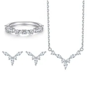 S925 Sterling Silver Jewelry Set Marquise Zircon Ring Crystal Necklace Flower Earrings