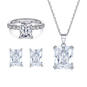 Square Zircon Stud Earrings 925 Sterling Silver High Carbon Diamond Ring Crystal Necklace Jewelry Set