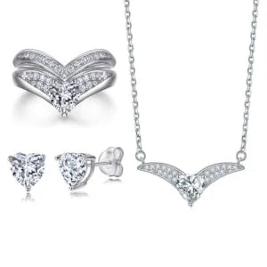 Row of diamond zircon love ring set heart shape 925 silver stud leaf necklace jewelry set