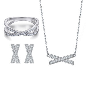 s925 sterling silver zircon row diamond ring x letter necklace x stud earrings jewelry set