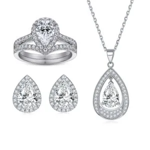 S925 sterling silver zircon drop ring combo beating heart necklace earrings jewelry set