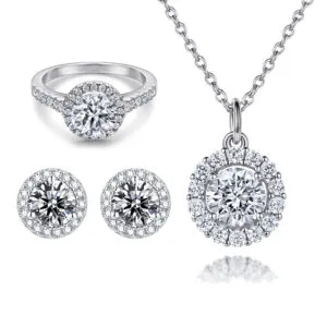 Jewelry set sterling silver zircon ring round 925 necklace earrings