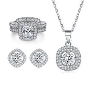 Square Rings S925 Sterling Silver Zircon Set Necklace Earrings Jewelry Set