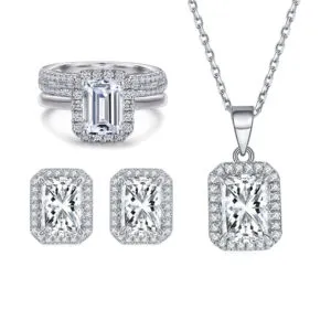 S925 sterling silver zircon square ring set rectangular pendant earring necklace women's minority jewelry set