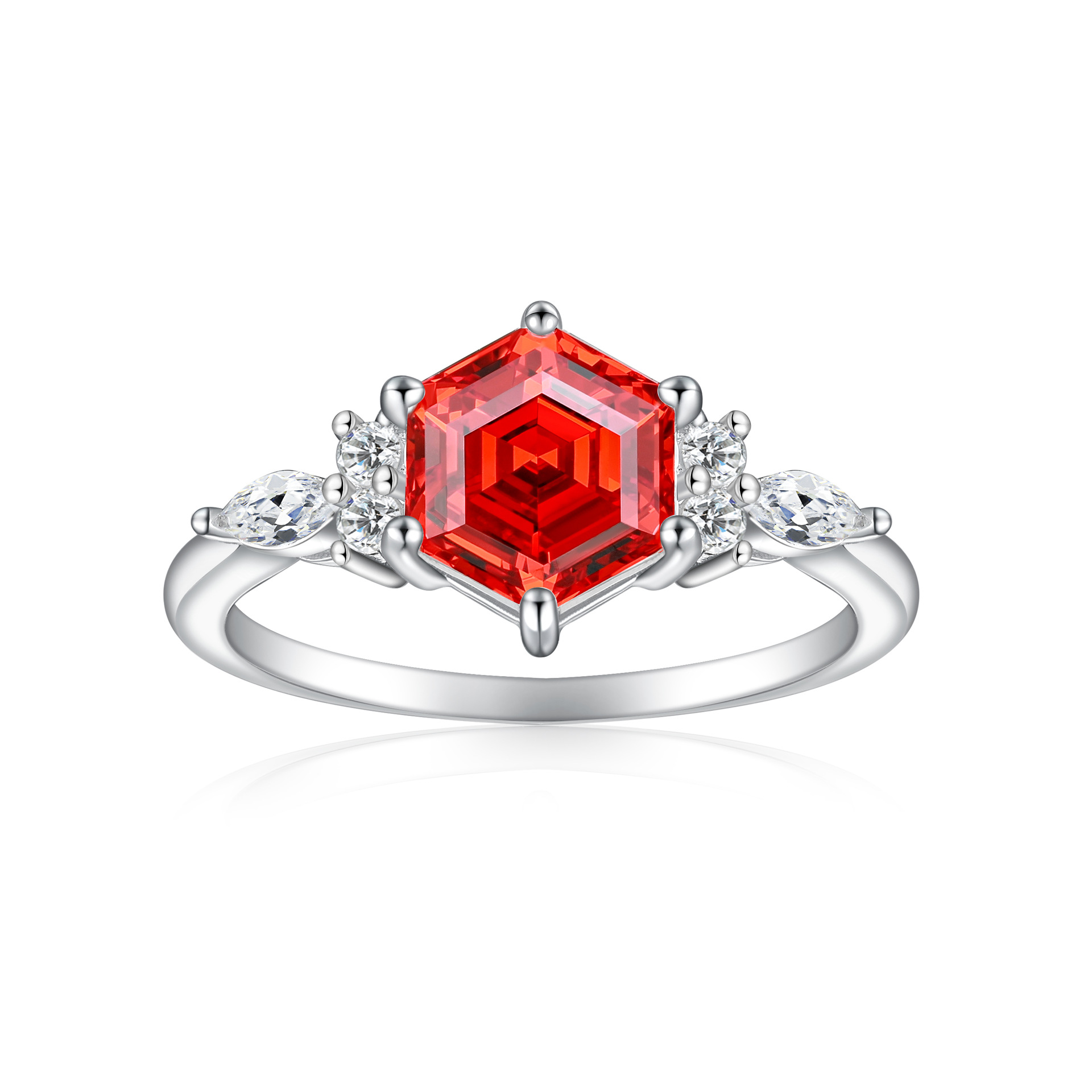 Sterling Silver 7*7 Hexagon Flame Colored Stone Ruby Ring Premium High Carbon Diamond Ring 925 Pure Silver Women's Ring - Image 2