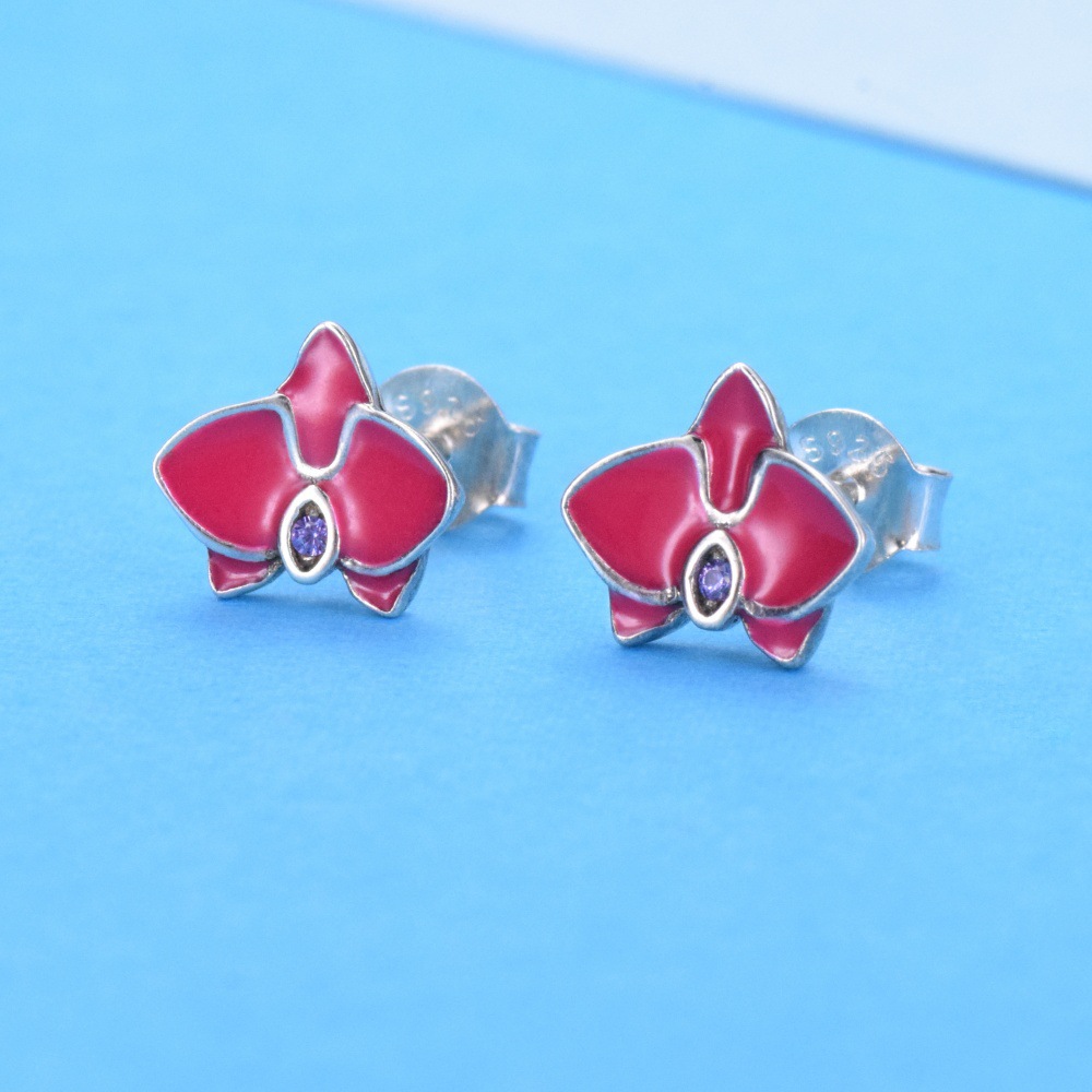 European and American style new S925 sterling silver dripping oil phalaenopsis orchid earrings ins purple opal earrings women