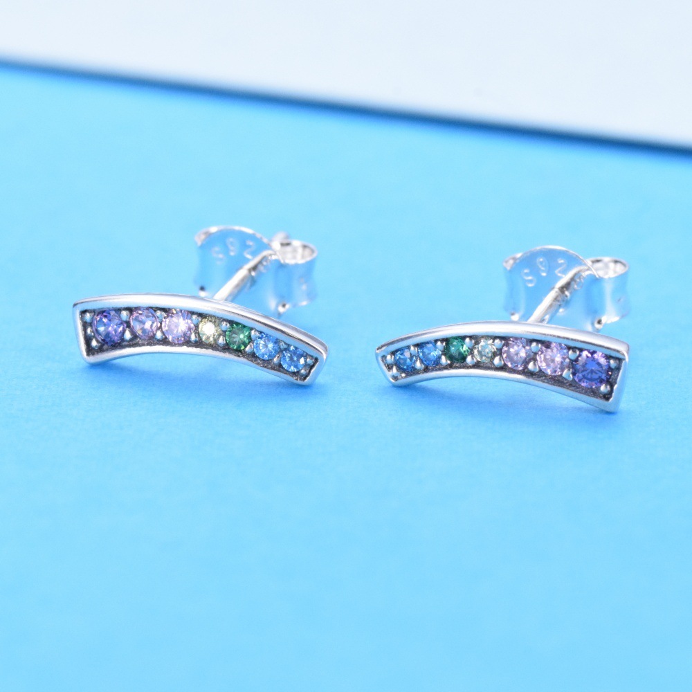 S925 sterling silver colorful arc rainbow women's stud earrings candy color shine zircon earrings one piece hair