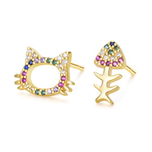 S925 Sterling Silver Cat Head Fishbone Personality Design Stud Earrings Fashion Versatile Earrings