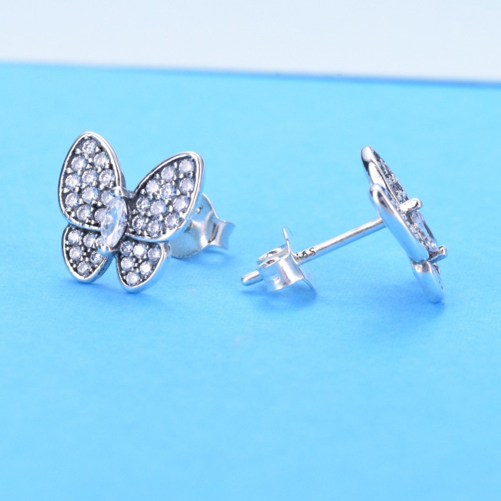 S925 sterling silver shining zircon butterfly stud earrings women's ins new inlaid simple earrings earrings women - Image 3