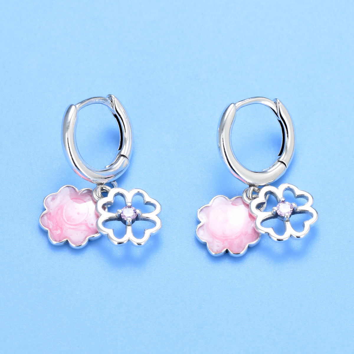 S925 sterling silver circle earrings niche design sense earrings pink heart flower earrings wholesale - Image 2