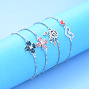 S925 sterling silver heart leaf four-leaf floret bracelet size adjustable inlay bracelet pull adjustment