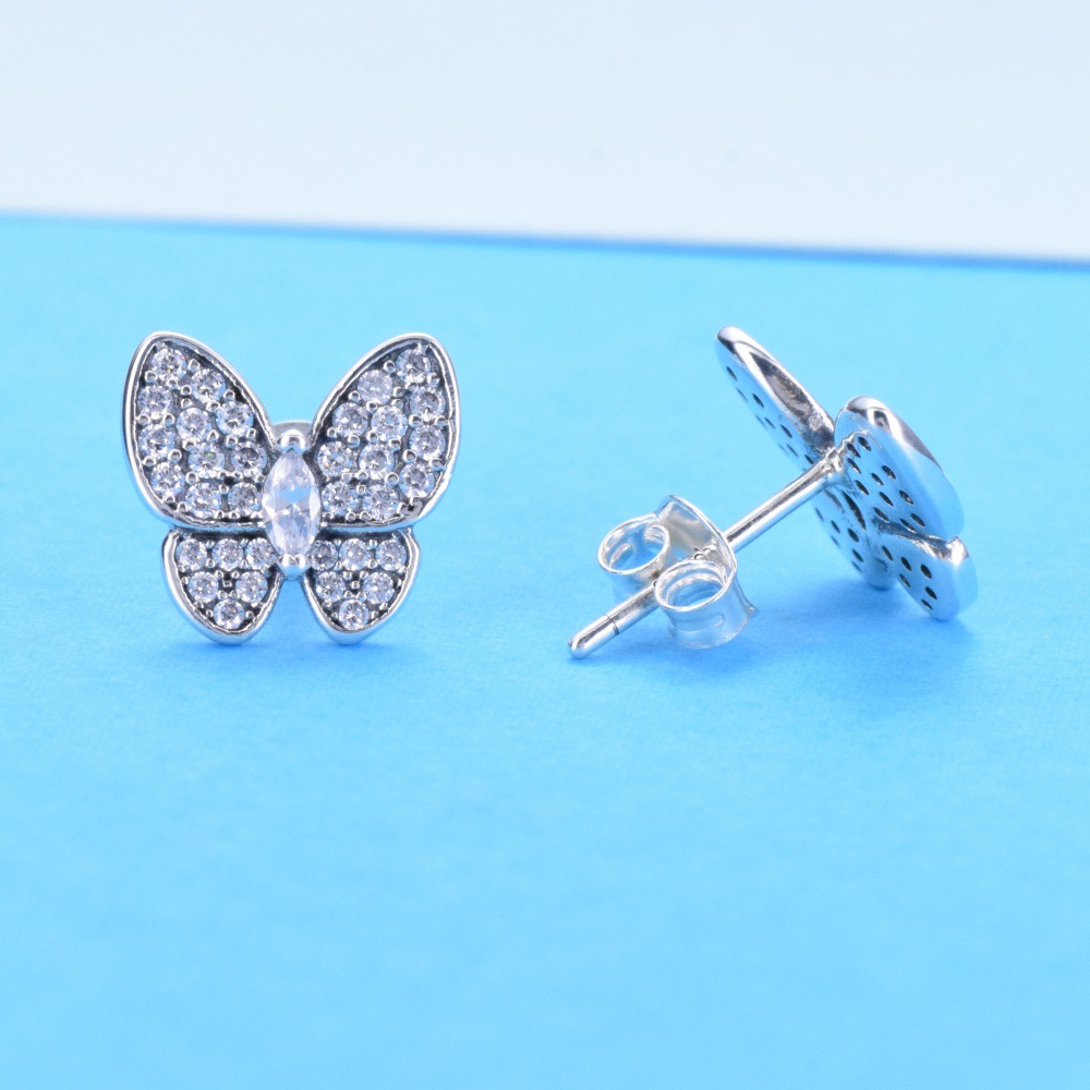 S925 sterling silver shining zircon butterfly stud earrings women's ins new inlaid simple earrings earrings women - Image 2