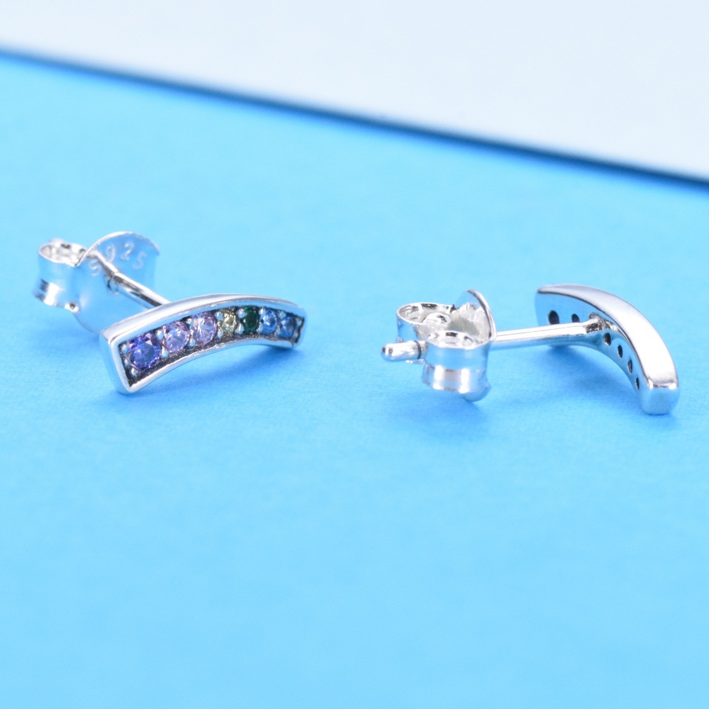S925 sterling silver colorful arc rainbow women's stud earrings candy color shine zircon earrings one piece hair - Image 3