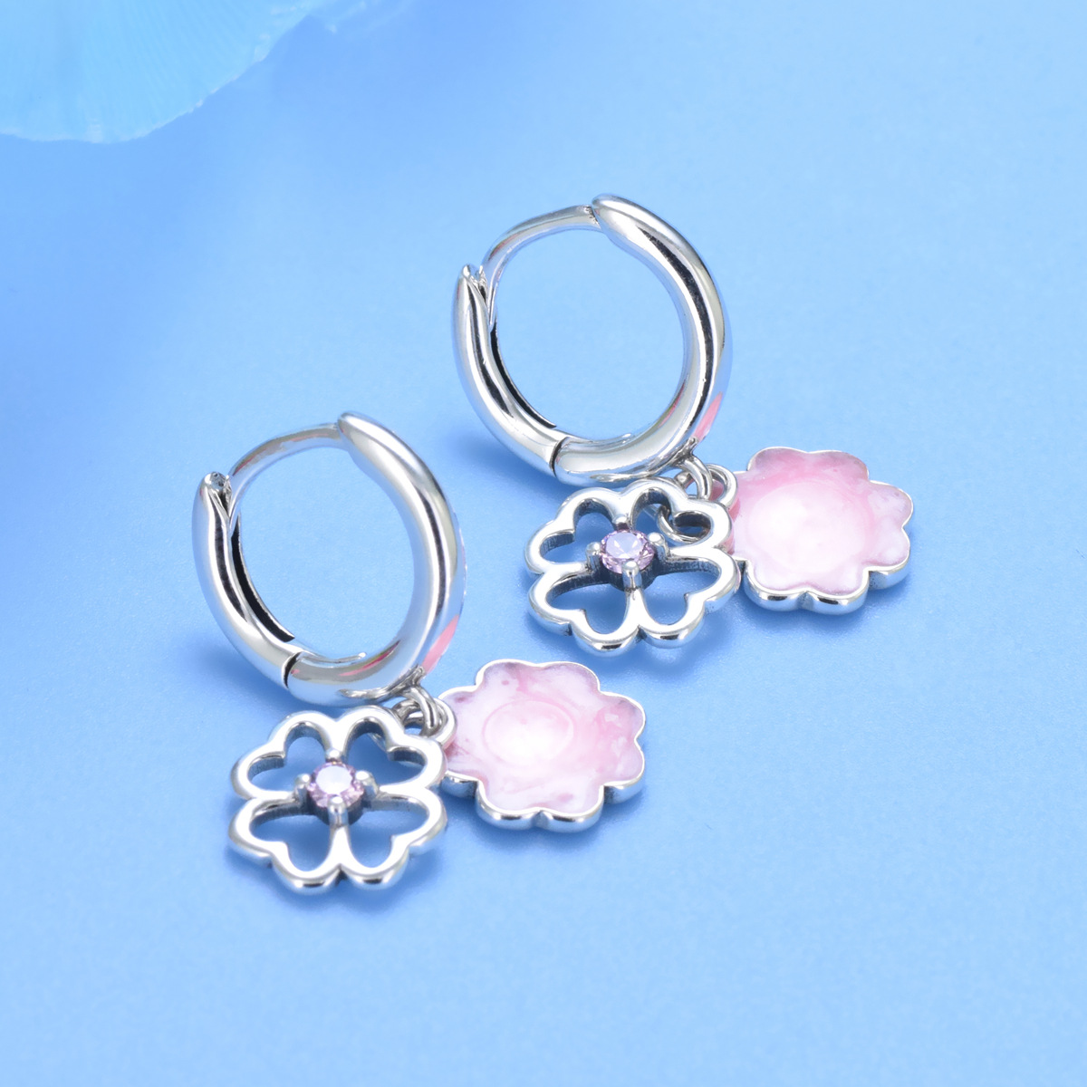 S925 sterling silver circle earrings niche design sense earrings pink heart flower earrings wholesale - Image 3