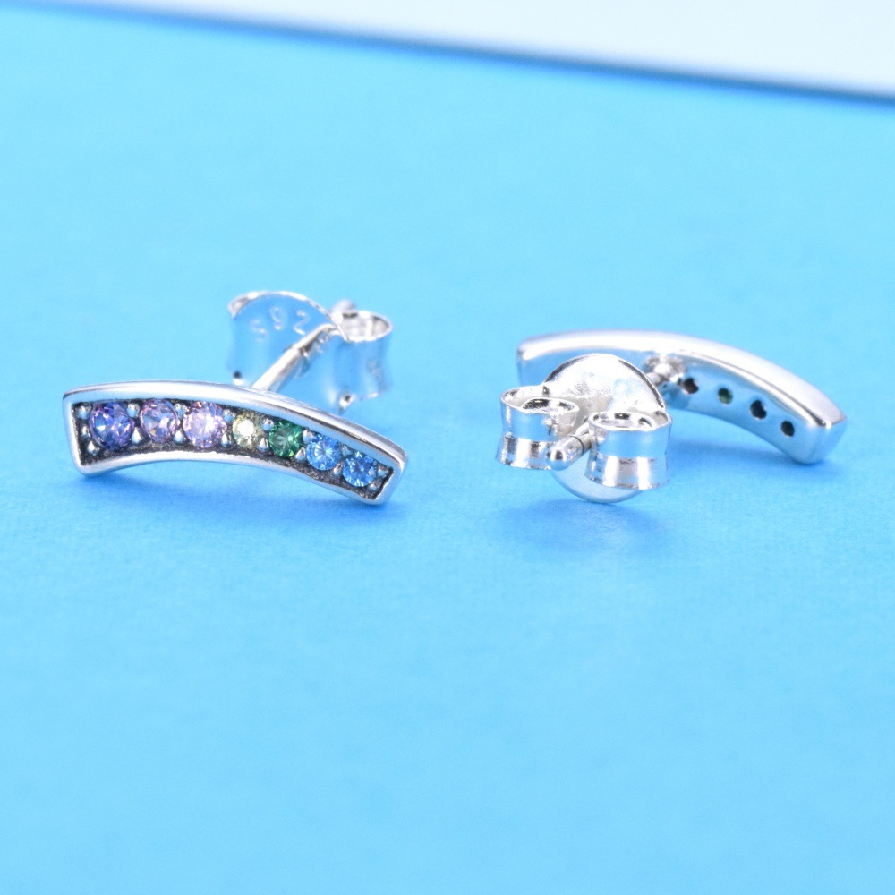 S925 sterling silver colorful arc rainbow women's stud earrings candy color shine zircon earrings one piece hair - Image 4