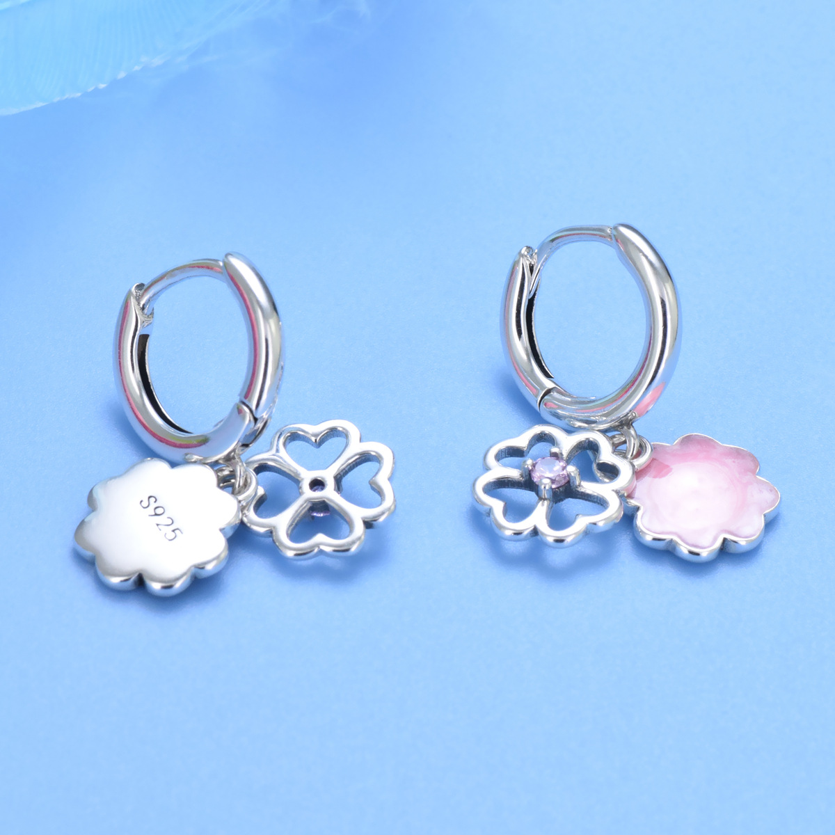 S925 sterling silver circle earrings niche design sense earrings pink heart flower earrings wholesale - Image 4